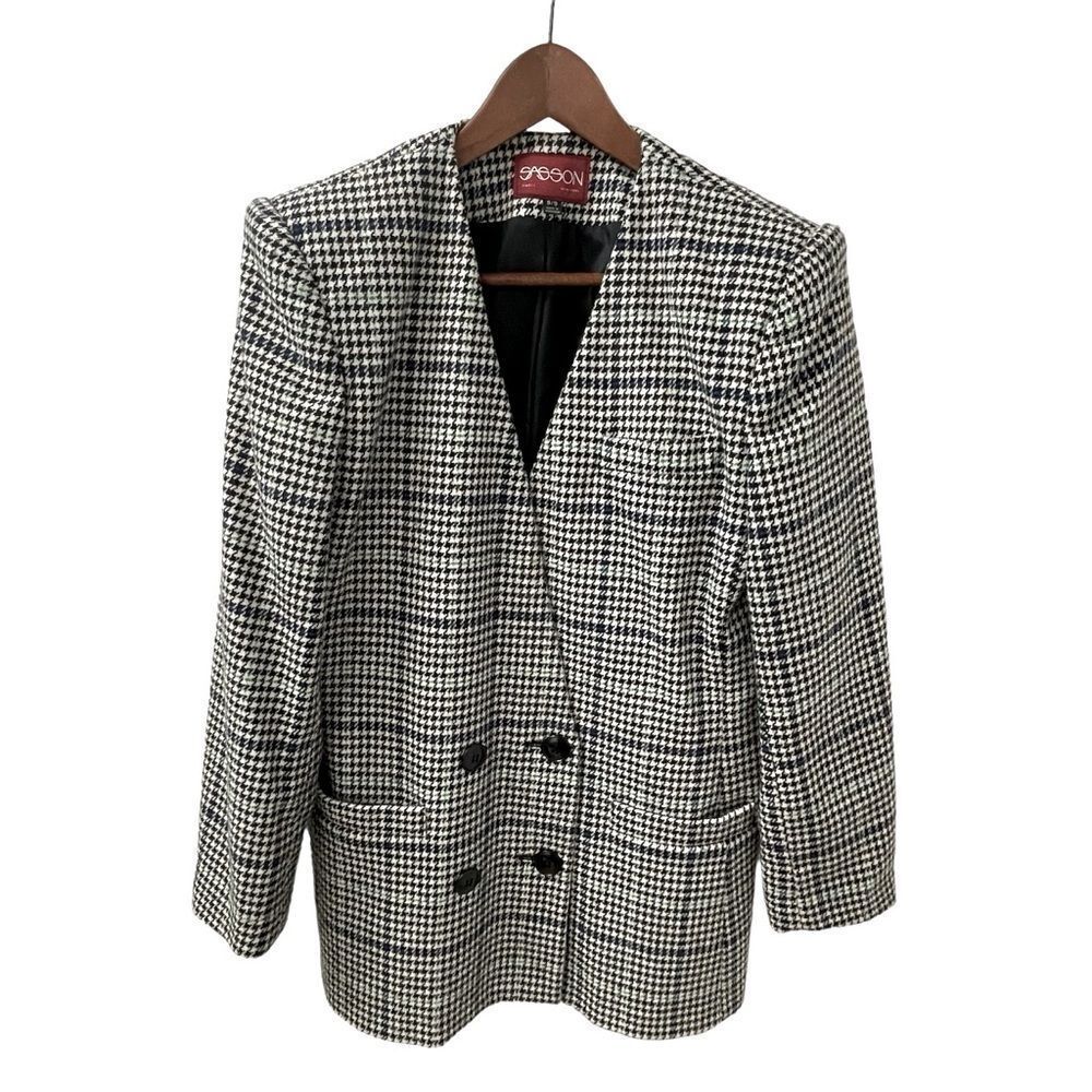 Sasson Blazer Houndstooth 1970’s Black, White, Green, Blue Woman’s Size 8-9